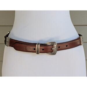 Brighton Womens Two Tone Brown Leather Woven Silver Adorned Belt Size M to L 32"